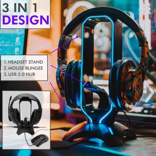  Tilted Nation RGB Headset Stand and Gaming Headphone Stand Display with Mouse Bungee Cord Holder - Gaming Headset Holder with USB 3.0 Hub for Wired or Wireless Headsets for Xbox, P