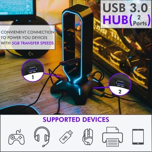  Tilted Nation RGB Headset Stand and Gaming Headphone Stand Display with Mouse Bungee Cord Holder - Gaming Headset Holder with USB 3.0 Hub for Wired or Wireless Headsets for Xbox, P