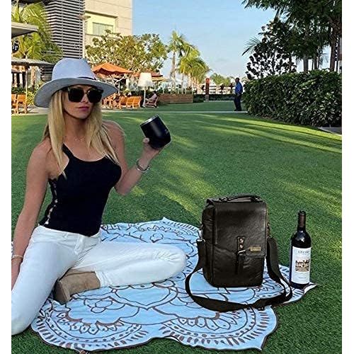  Tilvini Wine Carrier Bag With 2 Stainless Steel Wine Tumblers With Lid - Insulated Leather Wine Bottle Carrier Bag With Adjustable Shoulder Strap | Best Wine Gifts for Women and Men - Picn
