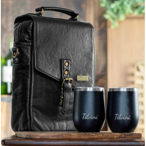  Tilvini Wine Carrier Bag With 2 Stainless Steel Wine Tumblers With Lid - Insulated Leather Wine Bottle Carrier Bag With Adjustable Shoulder Strap | Best Wine Gifts for Women and Men - Picn