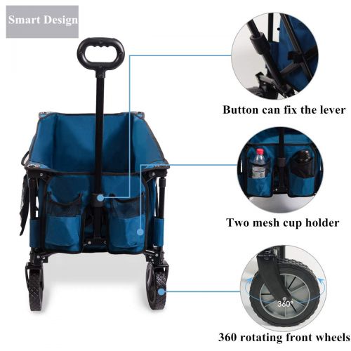  Timber Ridge Camping Wagon Folding Garden Cart Shopping Trolley Collapsible Heavy Duty Utility Use, Side Bag, Blue
