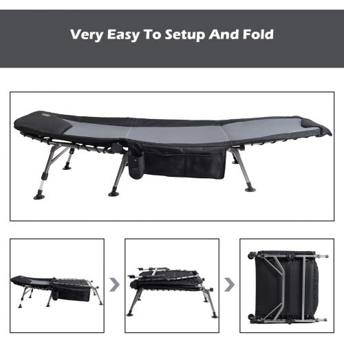  Timber Ridge Camping Cot XL Folding Supports 350 lbs Utility Adjustable Reclining Seat Full Padded Fishing Bed Heavy Duty Portable with Carry Bag, Side Storage Bag