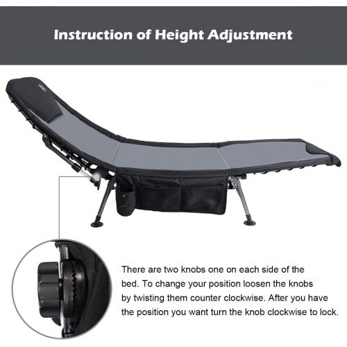  Timber Ridge Camping Cot XL Folding Supports 350 lbs Utility Adjustable Reclining Seat Full Padded Fishing Bed Heavy Duty Portable with Carry Bag, Side Storage Bag