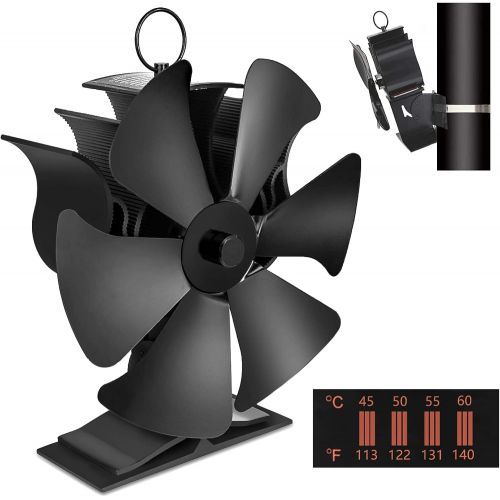  Time wave QUECAOCF 6 Blades Flue Pipe Stove Fan Fireplace Stove Fan with Thermometer Strip, Wood Burning Heat Powered Stove Fan for Wood/Log Burner/Fireplace, Eco Friendly and Efficient Heat