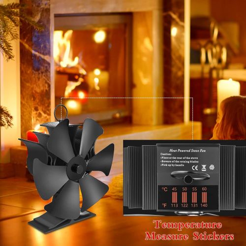  Time wave QUECAOCF 6 Blades Flue Pipe Stove Fan Fireplace Stove Fan with Thermometer Strip, Wood Burning Heat Powered Stove Fan for Wood/Log Burner/Fireplace, Eco Friendly and Efficient Heat