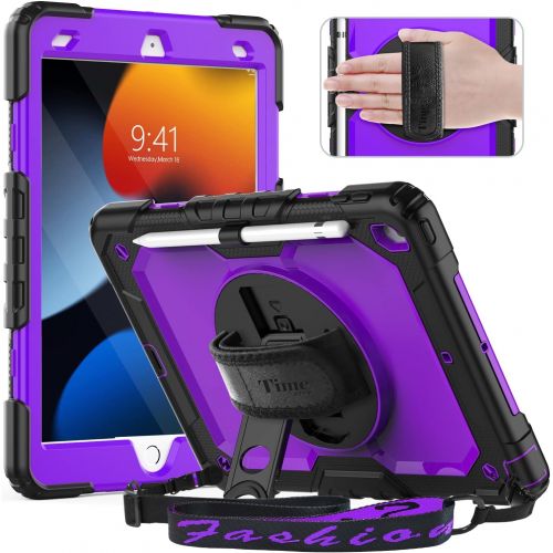  [아마존베스트]Timecity Case for iPad 8th/ 7th Generation, iPad 10.2 Case with Built-in Screen Protector Pencil Holder, Heavy Duty Protective Cover with 360°Rotatable Stand Adjustable Hand/ Shoul