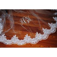 TimelessWeddingsShop Reembroidered ivory or diamond white lace base veil, any length, with or without monogram