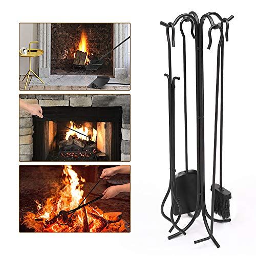  Timpfee 5 Piece Fireplace Tools Set, Decor Holder Black Fireset Pit Stand Fire Place Chimney Poker Wood Accessories Kit Sets Stove Tool Easy to Assemble for Indoor Outdoor