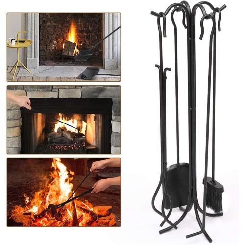  Timpfee 5 Piece Fireplace Tools Set, Decor Holder Black Fireset Pit Stand Fire Place Chimney Poker Wood Accessories Kit Sets Stove Tool Easy to Assemble for Indoor Outdoor