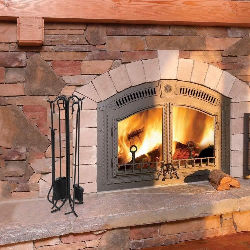  Timpfee 5 Piece Fireplace Tools Set, Decor Holder Black Fireset Pit Stand Fire Place Chimney Poker Wood Accessories Kit Sets Stove Tool Easy to Assemble for Indoor Outdoor