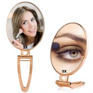 Tinland Hand Mirror 1X3X Magnifying Double Sided Folding Handle Stand Table Makeup Vanity Mirror Compact Travel Bathroom Skin Care (Oval,Gold)