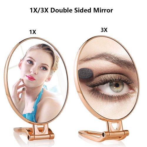  Tinland Hand Mirror 1X3X Magnifying Double Sided Folding Handle Stand Table Makeup Vanity Mirror Compact Travel Bathroom Skin Care (Oval,Gold)