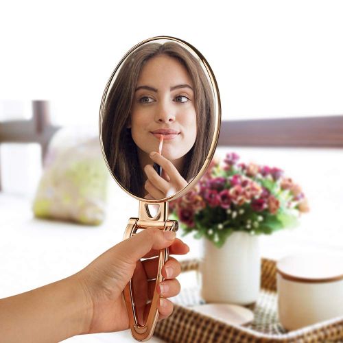  Tinland Hand Mirror 1X3X Magnifying Double Sided Folding Handle Stand Table Makeup Vanity Mirror Compact Travel Bathroom Skin Care (Oval,Gold)