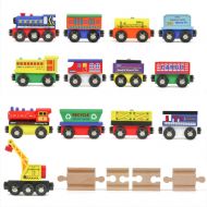 Tiny Conductors 12 Wooden Train Cars, 1 Bonus Crane, 4 Bonus Connectors, Locomotive Tank Engines and Wagons for Toy Train Tracks, Compatible with Thomas Wood Toy Railroad Set (Trai