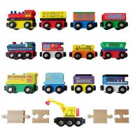 Tiny Conductors 12 Wooden Train Cars, 1 Bonus Crane, 4 Bonus Connectors, Locomotive Tank Engines and Wagons for Toy Train Tracks, Compatible with Thomas Wood Toy Railroad Set (Trai