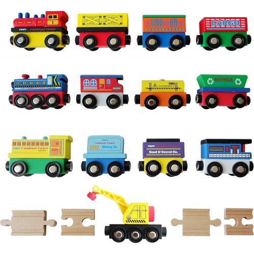  Tiny Conductors 12 Wooden Train Cars, 1 Bonus Crane, 4 Bonus Connectors, Locomotive Tank Engines and Wagons for Toy Train Tracks, Compatible with Thomas Wood Toy Railroad Set (Trai