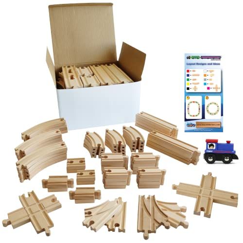  Tiny Conductors 67 Piece Wooden Train Track Set with Train Car, 100% Real Wood, Compatible with Thomas and All Other Major Brands Wooden Toy Railroad Sets (67-Piece)