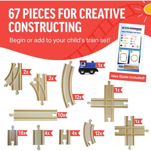  Tiny Conductors 67 Piece Wooden Train Track Set with Train Car, 100% Real Wood, Compatible with Thomas and All Other Major Brands Wooden Toy Railroad Sets (67-Piece)