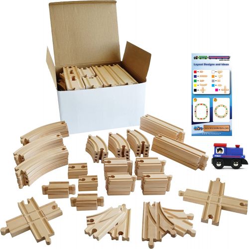  Tiny Conductors 67 Piece Wooden Train Track Set with Train Car, 100% Real Wood, Compatible with Thomas and All Other Major Brands Wooden Toy Railroad Sets (67-Piece)