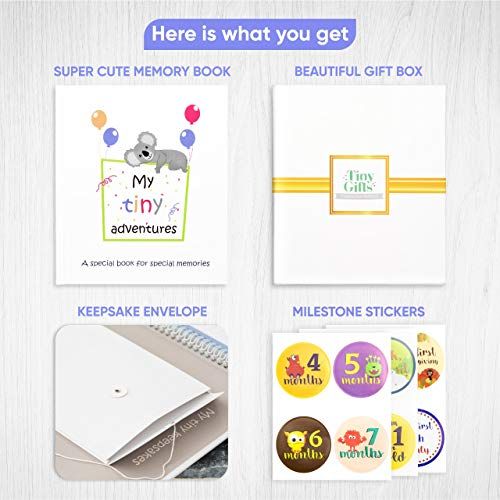  [아마존베스트]Tiny Gifts Baby Memory Book  First 5 Years Photo Album, Journal & Scrapbook + 28 FREE Monthly & Milestone Stickers. Modern Baby Shower Gift for Girl or Boy. 54 Pages + Gift Box & Keepsake En