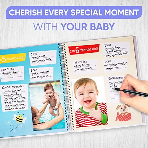  [아마존베스트]Tiny Gifts Baby Memory Book  First 5 Years Photo Album, Journal & Scrapbook + 28 FREE Monthly & Milestone Stickers. Modern Baby Shower Gift for Girl or Boy. 54 Pages + Gift Box & Keepsake En