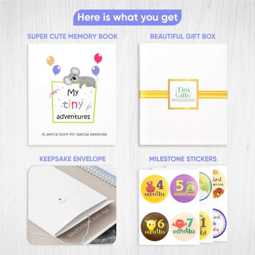  [아마존베스트]Tiny Gifts Baby Memory Book  First 5 Years Photo Album, Journal & Scrapbook + 28 FREE Monthly & Milestone Stickers. Modern Baby Shower Gift for Girl or Boy. 54 Pages + Gift Box & Keepsake En