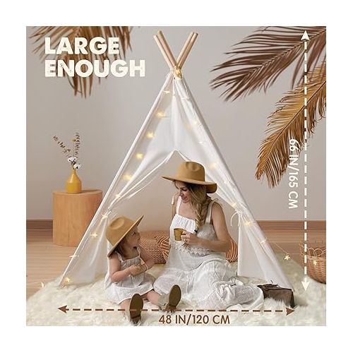  Tiny Land Teepee Tent for Kids, 100% Cotton Play Tent with Padded Mat and Star Lights, Kids Teepee Tent with Carry Bag, Foldable Kids Tent for Toddlers Aged 3+, Quality Teepee Tent for Girls and Boys