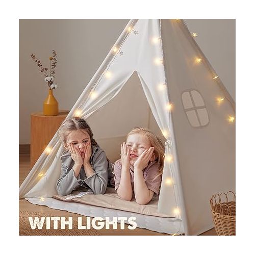  Tiny Land Teepee Tent for Kids, 100% Cotton Play Tent with Padded Mat and Star Lights, Kids Teepee Tent with Carry Bag, Foldable Kids Tent for Toddlers Aged 3+, Quality Teepee Tent for Girls and Boys