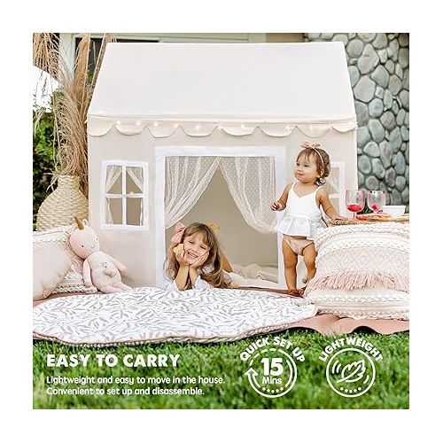  Tiny Land Play Tent with Padded Mat & LED Lights, Kids Tent, Playhouse for Kids, Indoor Bed Tent for Toddler, Toys for 3,4,5,6-Year-Old Girls, Neutral Color Play Room Furniture