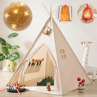 Tiny Land Kids-Teepee-Tent with Lights & Campfire Toy & Carry Case, Natural Cotton Canvas Toddler Tent - Washable Foldable Teepee Tent for Kids Indoor Tent, Outdoor Play Tent for Girls & Boys