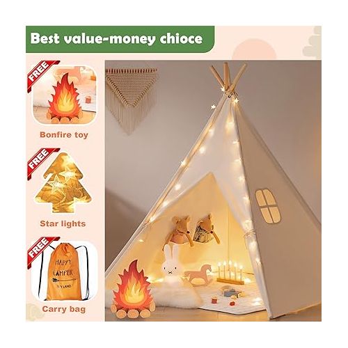  Tiny Land Kids-Teepee-Tent with Lights & Campfire Toy & Carry Case, Natural Cotton Canvas Toddler Tent - Washable Foldable Teepee Tent for Kids Indoor Tent, Outdoor Play Tent for Girls & Boys