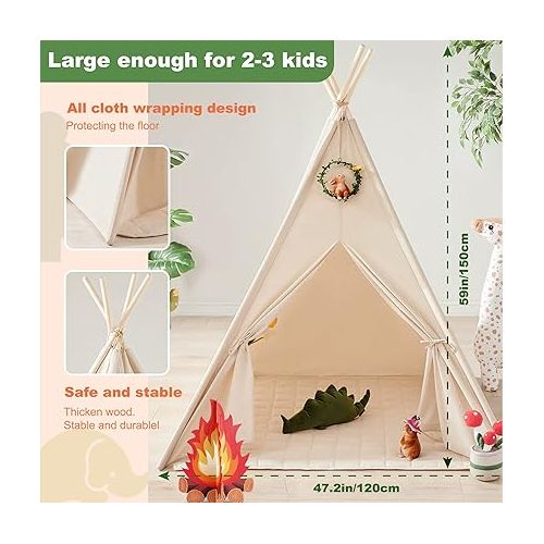  Tiny Land Kids-Teepee-Tent with Lights & Campfire Toy & Carry Case, Natural Cotton Canvas Toddler Tent - Washable Foldable Teepee Tent for Kids Indoor Tent, Outdoor Play Tent for Girls & Boys