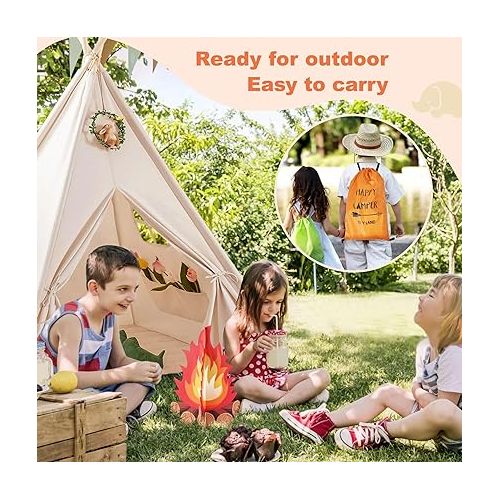  Tiny Land Kids-Teepee-Tent with Lights & Campfire Toy & Carry Case, Natural Cotton Canvas Toddler Tent - Washable Foldable Teepee Tent for Kids Indoor Tent, Outdoor Play Tent for Girls & Boys