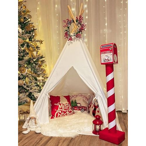  Tiny Land Kids-Teepee-Tent with Lights & Campfire Toy & Carry Case, Natural Cotton Canvas Toddler Tent - Washable Foldable Teepee Tent for Kids Indoor Tent, Outdoor Play Tent for Girls & Boys