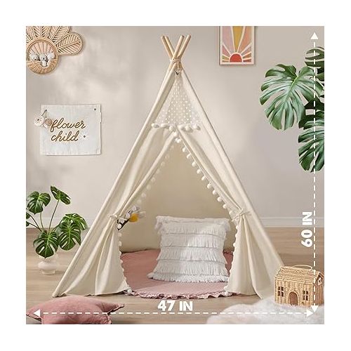  Tiny Land Teepee Tent for Kids Tent Indoor, Canvas Toddler Tent - Kids Teepee Tent for Girls & Boys, Washable Tipi Tent Kids Boho Tent - Foldable Kids Play Tent