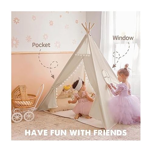  Tiny Land Teepee Tent for Kids Tent Indoor, Canvas Toddler Tent - Kids Teepee Tent for Girls & Boys, Washable Tipi Tent Kids Boho Tent - Foldable Kids Play Tent