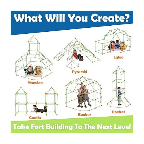  Tiny Land Kids-Fort-Building-Kit-80 Pieces-Creative Fort Toy for 5,6,7,8 Years Old Boy & Girls-STEM Building Toys DIY Castles Tunnels Play Tent Rocket Tower Indoor & Outdoor Playhouse