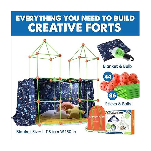  Tiny Land Fort-Building-Kit 130 Pieces with Blanket & Light, 3 in 1 Blanket Fort Toy for 5,6,7,8 Years Old Boy & Girls-STEM Building Toys DIY Castles Tunnels Play Tent Rocket Tower Indoor & Outdoor
