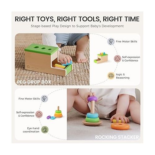  Tiny Land Montessori Toy Set for Babies 1 Year Old Thinker Play Kit- 5-in-1 Wooden Learning Toys with Peg Drop Box, Rocking Stacker, Egg Cup, Canister Set, and Crinkle Bag