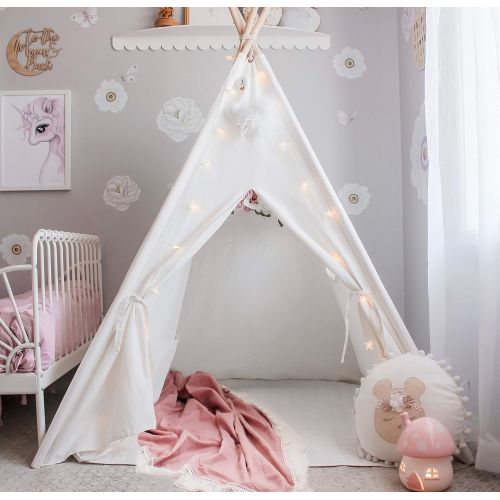  [아마존베스트]Kids Teepee Tent for Kids Play Tent with Mat & Carry Case for Indoor Outdoor, 5 Raw White Canvas Teepee