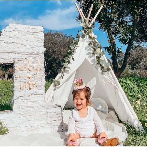  [아마존베스트]Kids Teepee Tent for Kids Play Tent with Mat & Carry Case for Indoor Outdoor, 5 Raw White Canvas Teepee