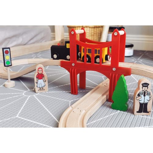  [아마존베스트]Wooden Train Set Starter 39-Piece Track Pack with Bridge Fits Thomas Brio Chuggington, Engine & Passenger Car, Kids Friendly Building & Construction-Expandable, Changeable-Fun for
