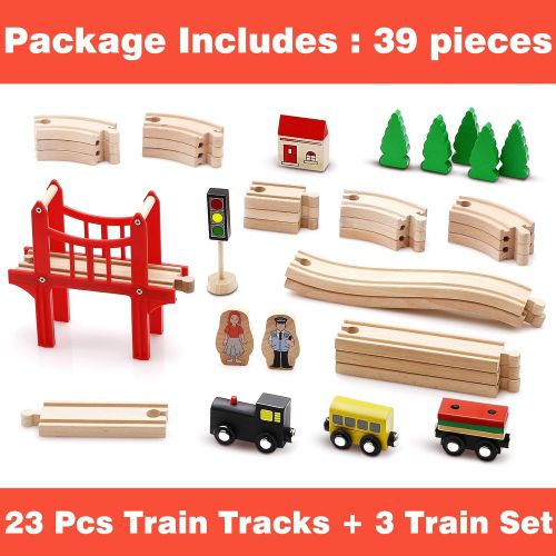  [아마존베스트]Wooden Train Set Starter 39-Piece Track Pack with Bridge Fits Thomas Brio Chuggington, Engine & Passenger Car, Kids Friendly Building & Construction-Expandable, Changeable-Fun for