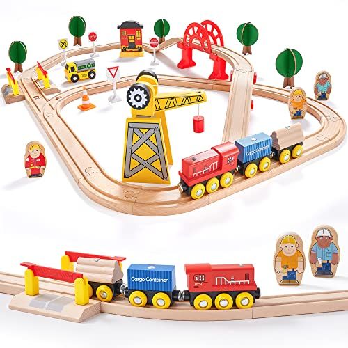  Tiny Land Crane Train Set-60Pcs- Wooden Tracks & Exclusive Crane & Trains-Fits Thomas, Brio, Chuggington, Melissa- Gift Packed Toy Railway Kits- Kids Friendly Building Toy for 3+ Y