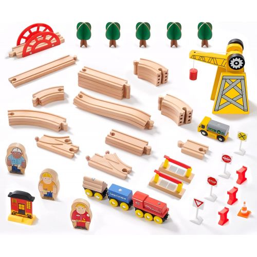  Tiny Land Crane Train Set-60Pcs- Wooden Tracks & Exclusive Crane & Trains-Fits Thomas, Brio, Chuggington, Melissa- Gift Packed Toy Railway Kits- Kids Friendly Building Toy for 3+ Y