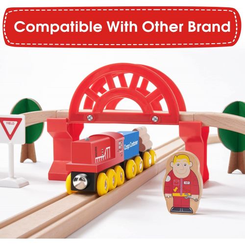  Tiny Land Crane Train Set-60Pcs- Wooden Tracks & Exclusive Crane & Trains-Fits Thomas, Brio, Chuggington, Melissa- Gift Packed Toy Railway Kits- Kids Friendly Building Toy for 3+ Y