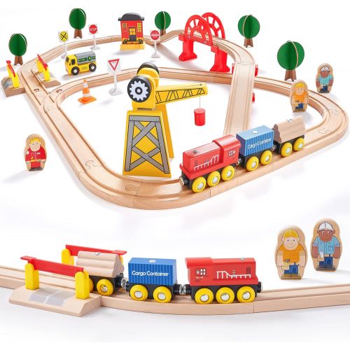  Tiny Land Crane Train Set-60Pcs- Wooden Tracks & Exclusive Crane & Trains-Fits Thomas, Brio, Chuggington, Melissa- Gift Packed Toy Railway Kits- Kids Friendly Building Toy for 3+ Y