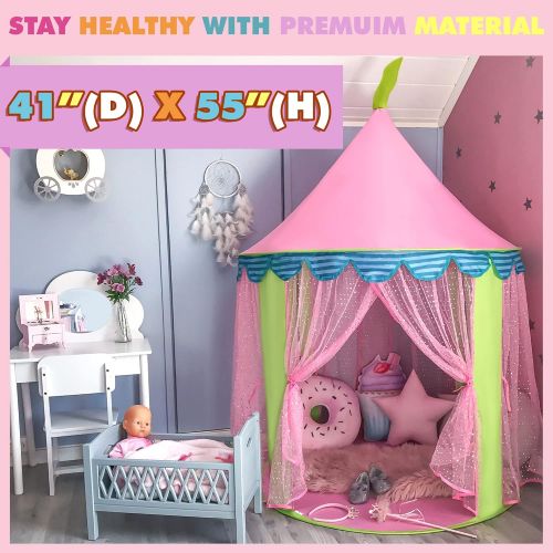  [아마존베스트]Tiny Land Kids Tent Princess Castle for Girls - Glitter Castle Pop Up Play Tent with Tote Bag- Children Playhouse Toy for Indoor and Outdoor Game 41 X 55“(DxH)