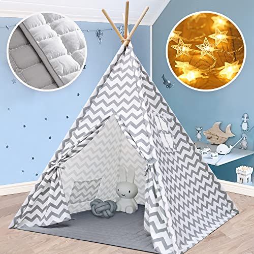  [아마존베스트]Tiny Land Teepee Tent for Kids with Mat- Play Tent for Boy Girl Indoor & Outdoor, Gray Chevron Heavy Cotton Canvas Teepee
