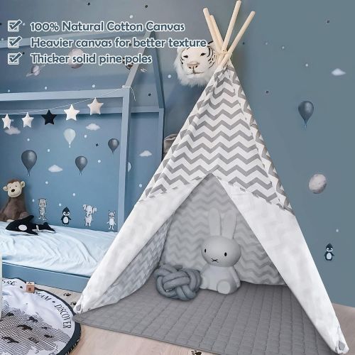  [아마존베스트]Tiny Land Teepee Tent for Kids with Mat- Play Tent for Boy Girl Indoor & Outdoor, Gray Chevron Heavy Cotton Canvas Teepee